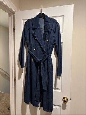 Dark Denim Coat with Trim